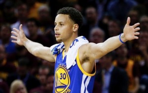 CLEVELAND, OH - JUNE 16:  Stephen Curry #30 of the Golden State Warriors reacts during Game Six of the 2015 NBA Finals against the Cleveland Cavaliers at Quicken Loans Arena on June 16, 2015 in Cleveland, Ohio. NOTE TO USER: User expressly acknowledges and agrees that, by downloading and or using this photograph, user is consenting to the terms and conditions of Getty Images License Agreement.  (Photo by Ezra Shaw/Getty Images)